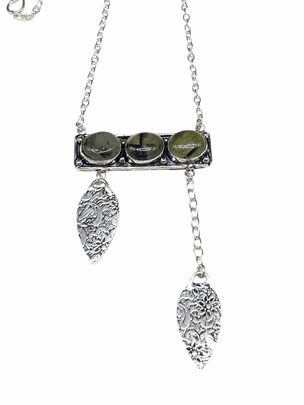 Moss Prehnite Pendant Necklace 925 Sterling Silver Overlay Leaf Leaves Floral